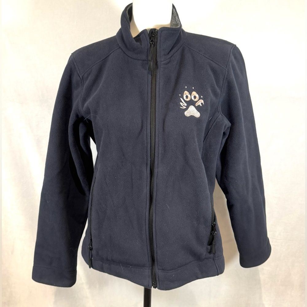 Devon & Jones custom embroidered dog paw WOOF full zip fleece jacket size medium